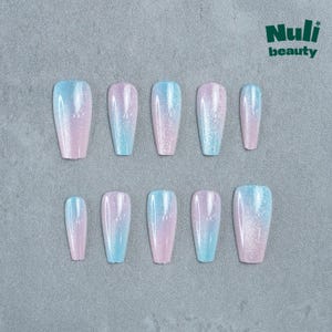 Iridescent Coffin Press On Nails: Pastel Pink Blue Gradient, Handmade
