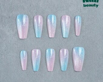 Iridescent Coffin Press On Nails: Pastel Pink Blue Gradient, Handmade