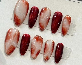 Red Marble Press On Nails: Glossy Almond, Reusable Nail Art