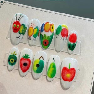 Caterpillar Storybook Press On Nails – Hand-Painted Fruit & Insect Art, White Base Reusable Set, Kidcore Nail Art, Gift for Her