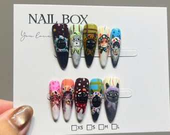 Handmade Cat Press On Nails, Kawaii Kitty Stiletto Nail Art Set