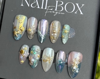 Mermaidcore Press On Nails: Iridescent Chrome, 3D Starfish & Pearls