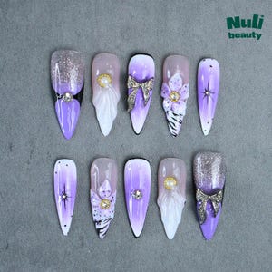 Lilac White Press On Nails – Luxury Silver Glitter, 3D Bows, Rhinestones, Pearl Flowers, Elegant Wedding Nails, Party Gift Set for Her