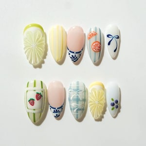 Tropical Vibe Press On Nails | Cute Fruit Nail Art | Handmade Fake Nails with Lemons, Strawberries, Oranges, Bows – Bright & Playful Set