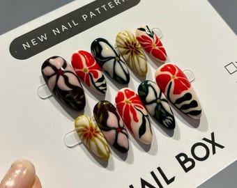 Hand-Painted Floral Press On Nails: Asian Botanical Art, Elegant Almond Gel