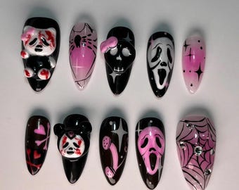Pink Horror Press On Nails – 3D Kawaii Creepy Handmade False Nails
