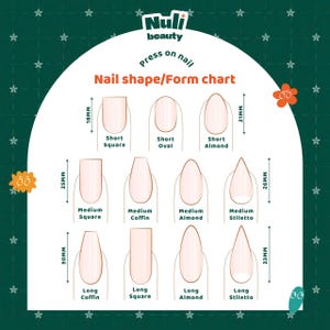 May include: A chart displaying various press-on nail shapes, including Short Square (18mm), Short Oval, Short Almond (21mm), Medium Square (25mm), Medium Coffin, Medium Almond, Medium Stiletto (26mm), Long Coffin (30mm), Long Square, Long Almond, and Long Stiletto (33mm).