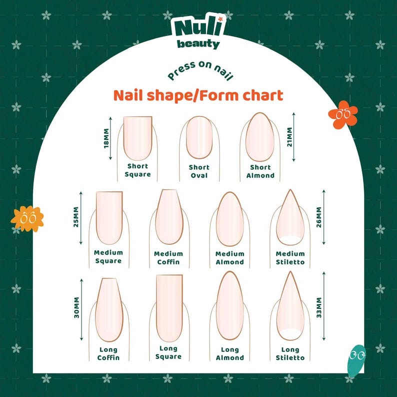May include: A chart displaying various press-on nail shapes, including Short Square (18mm), Short Oval, Short Almond (21mm), Medium Square (25mm), Medium Coffin, Medium Almond, Medium Stiletto (26mm), Long Coffin (30mm), Long Square, Long Almond, and Long Stiletto (33mm).