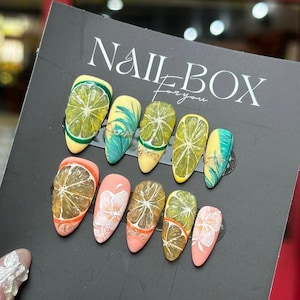 Citrus Fruit Press On Nails – 3D Lime & Orange Slices, Summer Handmade Nail Art, Tropical Fruit-Inspired Nails, Reusable Nail Set by Nuli