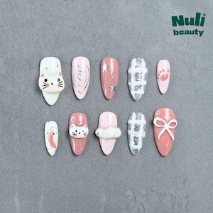 Reusable Cat Press On Nails – Pink White with 3D Sculpted Kitties, Silver Paw Prints, Bows & Cloud Accents, Cute Handmade Gift Set