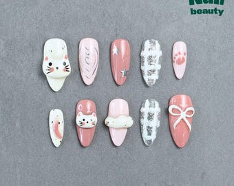 かわいい猫ちゃんのつけ爪（3D猫チャーム、星、月付き） - Etsy 日本