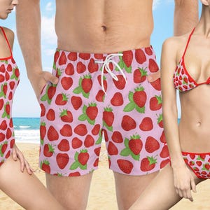 Matching Strawberry Print One-Piece Swimsuit, Summer Swimwear, Beach Outfit, Pool Party Attire, Women&#39;s Swimwear Swim, Cute Bathing Suit