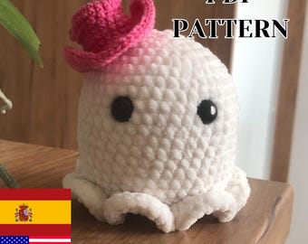 Patrón PDF Fantasma Vaquero con Sombrero Rosa de Ganchillo Juguete de Halloween Amigurumi Decoración Otoñal Tutorial para Principiantes