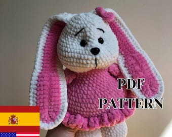 PDF Patrón Conejita Lola Peluche Ganchillo Conejo Blanco Vestido Rosa Bonito Regalo para Niños Idea Tutorial Amigurumi Muñeco Decoración