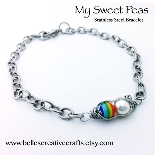 Angel & Rainbow Sweet Peas - Pea Pod - Stainless Steel Bracelet - 7-1/2" length - Personalized Jewelry