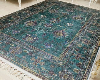 Emerald Green Chenille Rug: Vintage Turkish Floral Area Rug