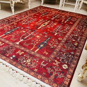 Vintage Style Red Chenille Rug: Digital Print Boho Area Rug