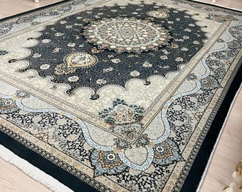 Vintage Style Medallion Chenille Rug: Black Cream Oriental Carpet
