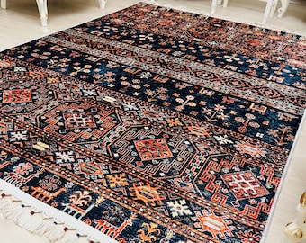 Vintage Style Llama Pattern Rug: Brown & Navy Blue Chenille Area Rug
