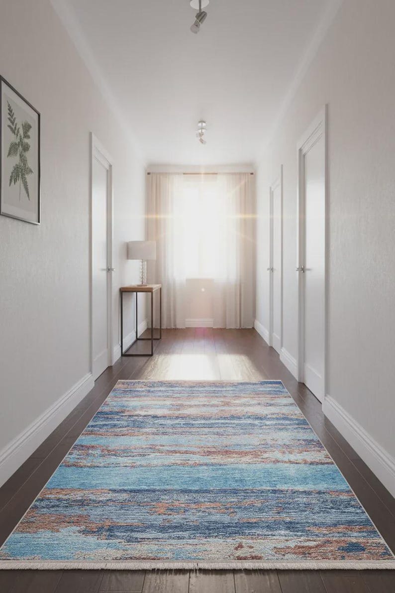 Blue Teal Contemporary Abstract Rug: Modern Brush-stroke Pattern Area ...