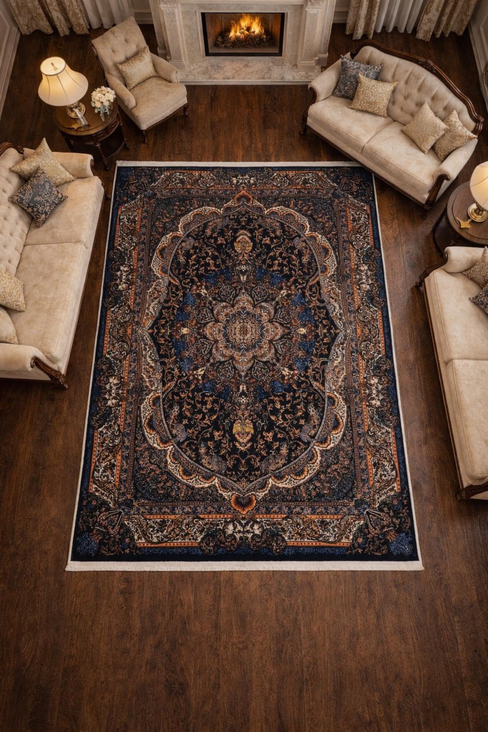Black Navy Copper Vintage Style Area Rug: Persian Style Tapis Salon ...