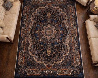 Tappeto in stile vintage nero, blu navy e rame: stile persiano Tapis Salon, Floor & Rugs