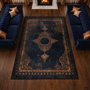 Dark Navy Copper Distressed Turkish Area Rug: Gothic Decor Living Room Rug