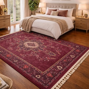 Burgundy Rug For Any Space: Vintage Persian Moroccan Design Teppich Floral Carpet image 5