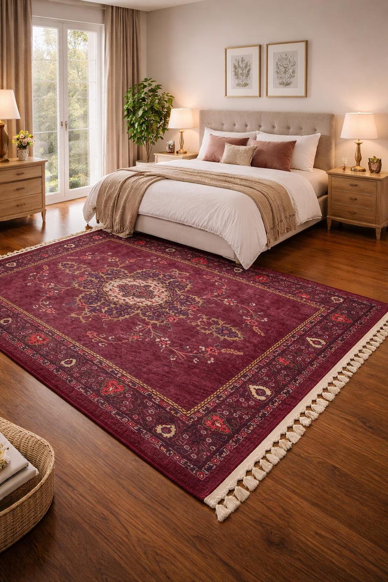 Burgundy Rug For Any Space: Vintage Persian Moroccan Design Teppich Floral Carpet image 5