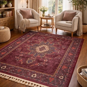Burgundy Rug For Any Space: Vintage Persian Moroccan Design Teppich Floral Carpet image 2