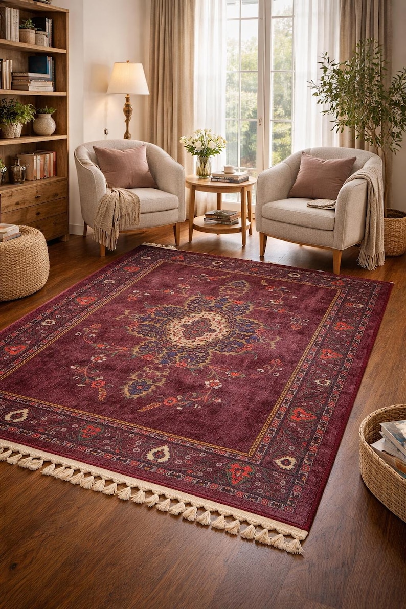 Burgundy Rug For Any Space: Vintage Persian Moroccan Design Teppich Floral Carpet image 2