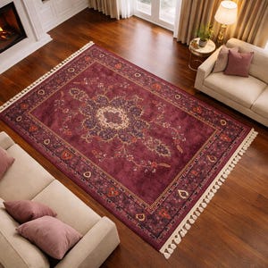 Burgundy Rug For Any Space: Vintage Persian Moroccan Design Teppich Floral Carpet image 1