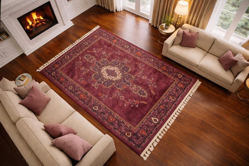 Burgundy Rug For Any Space: Vintage Persian Moroccan Design Teppich Floral Carpet image 1