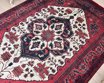 Red Oriental Chenille Area Rug: Vintage Style Boho Decor