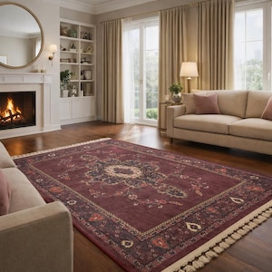 Burgundy Rug For Any Space: Vintage Persian Moroccan Design Teppich Floral Carpet image 4