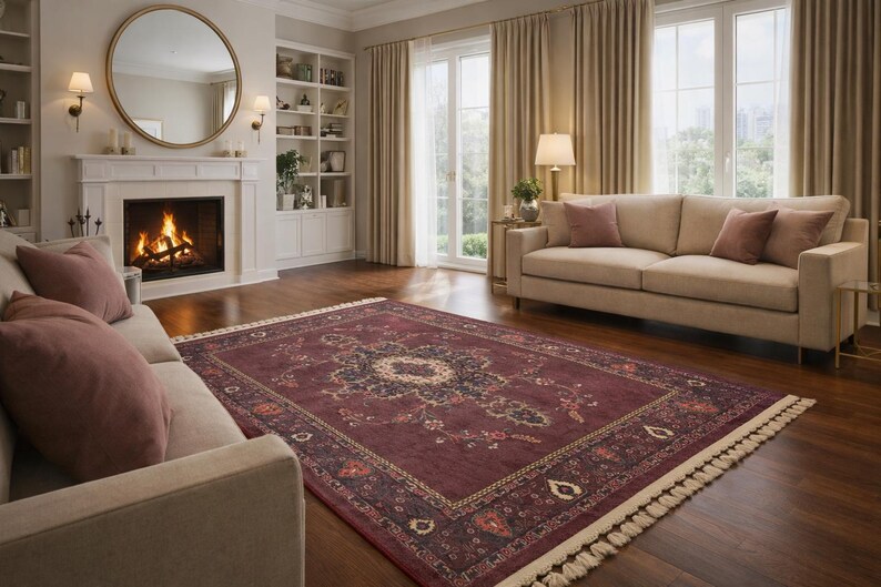 Burgundy Rug For Any Space: Vintage Persian Moroccan Design Teppich Floral Carpet image 4