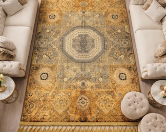 Tappeto giallo senape, tappeto anatolico color oro, pavimento e tappeti