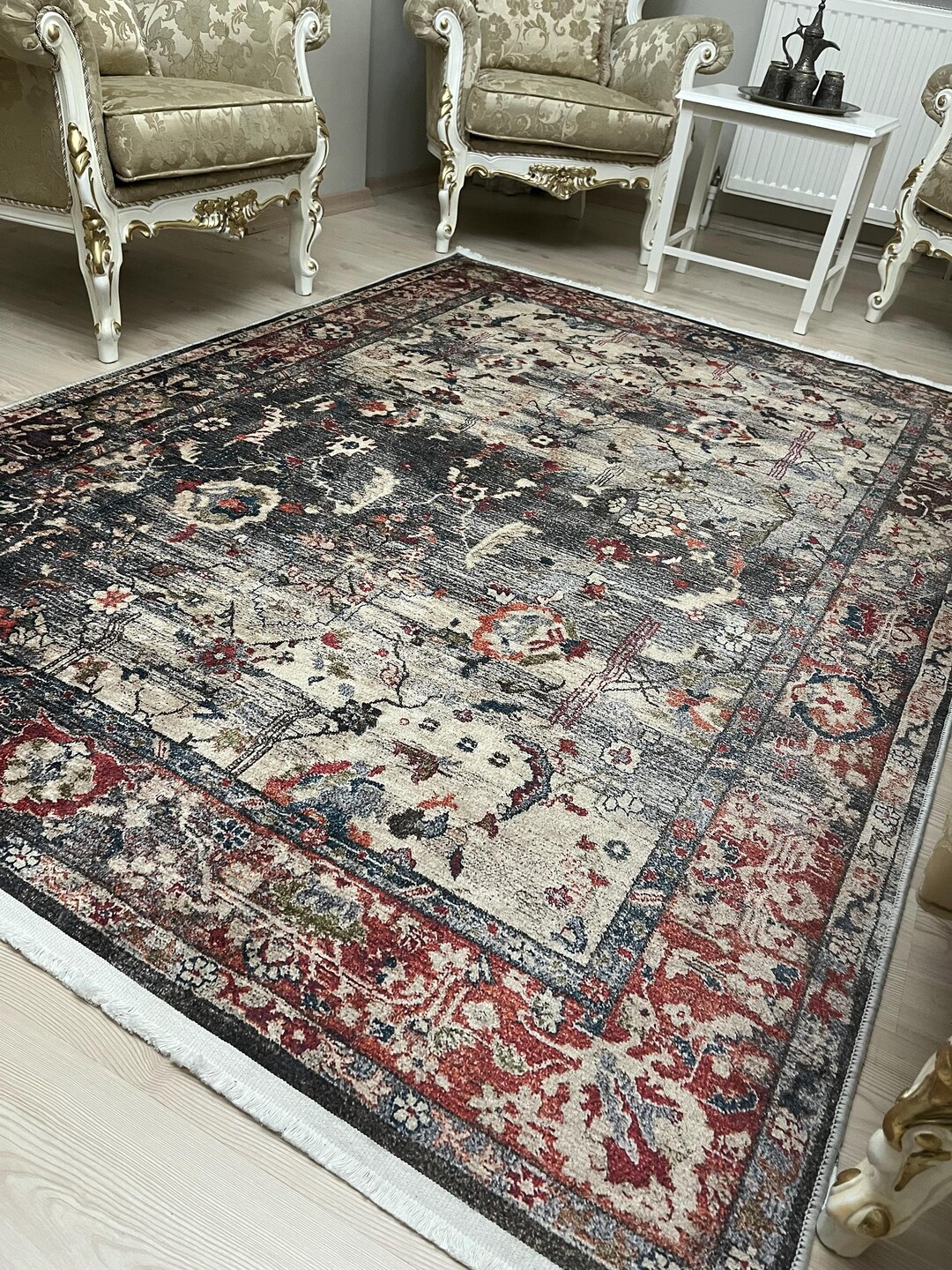 Red Beige Oriental Rug: Vintage Distressed Persian Style Carpet, Custom ...