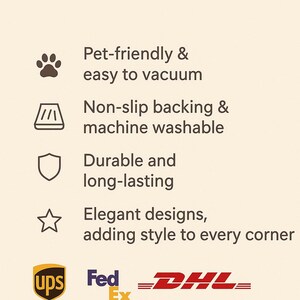K&ouml;nnte beinhalten: Das Bild zeigt den Text "TheOrientalST" mit Symbolen und Beschreibungen: tierfreundlich, leicht zu saugen, rutschfeste R&uuml;ckseite, maschinenwaschbar, langlebig und elegante Designs. Versandlogos von UPS, FedEx und DHL sind ebenfalls vorhanden.