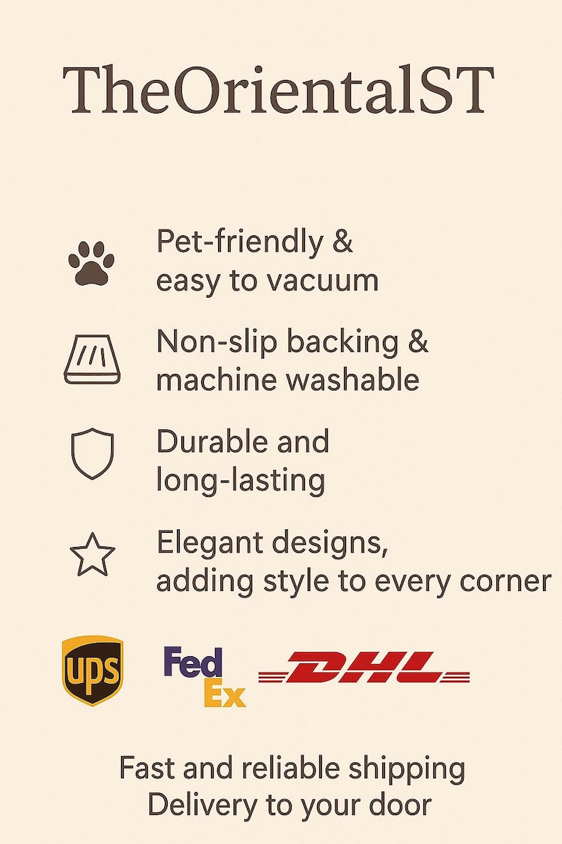 K&ouml;nnte beinhalten: Das Bild zeigt den Text "TheOrientalST" mit Symbolen und Beschreibungen: tierfreundlich, leicht zu saugen, rutschfeste R&uuml;ckseite, maschinenwaschbar, langlebig und elegante Designs. Versandlogos von UPS, FedEx und DHL sind ebenfalls vorhanden.