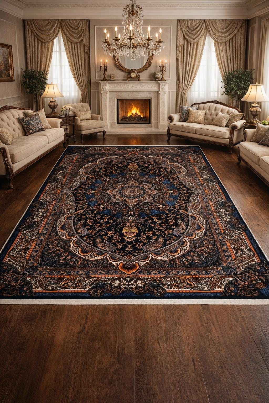 Black Navy Copper Vintage Style Area Rug: Persian Style Tapis Salon ...