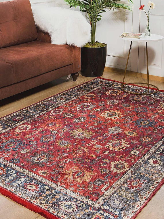 Crimson Red Vintage Style Rug: Persian Style Floral Oriental Carpet