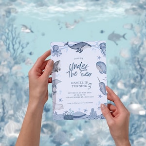 Personaliseerbare verjaardagsuitnodiging Under the Sea - vieringsaankondigingen met oceaanthema, kinderfeestkaarten