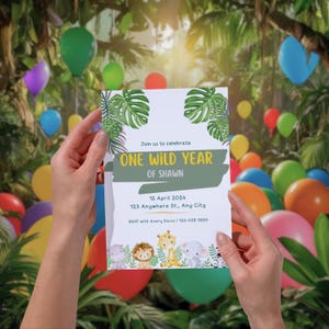Invito di compleanno personalizzabile a tema animali della giungla, auguri per un anno selvaggio, inviti per baby shower a tema giungla, biglietti per feste unici