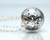 Silver glitter necklace round blown glass silver necklace