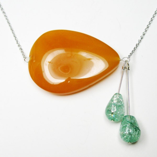 Orange pear shape sterling silver necklace in mint green tear drop crackle quartz