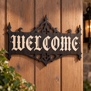 Letrero de bienvenida gótico SVG, decoración de puerta cortada con láser, letrero de pared gótico, placa de bienvenida descarga digital, archivo de corte láser