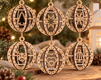 Op de afbeelding: Een set van zes bolvormige houten ornamenten met lasergesneden ontwerpen, waaronder een dennenboom, een achtpuntige ster, een sneeuwvlok, een rendier, in elkaar grijpende harten en een bel. Elk ornament heeft een sterrenrand en een jute lus.