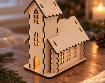 May include: A light-colored wooden model of a church with a tall steeple and a main building section. The structure features arched windows and a doorway, all illuminated from within by a warm light, with dark-edged laser-cut details throughout.