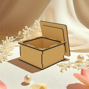 Może przedstawiać: Małe, otwarte drewniane pudełko z otwieraną pokrywą, pomalowane na jasny beż z czarnymi obramowaniami. Pudełko jest umieszczone na neutralnym tle z elementami dekoracyjnymi, w tym perłami i kwiatowymi akcentami. Pudełko jest prawdopodobnie używane do przechowywania lub ekspozycji.